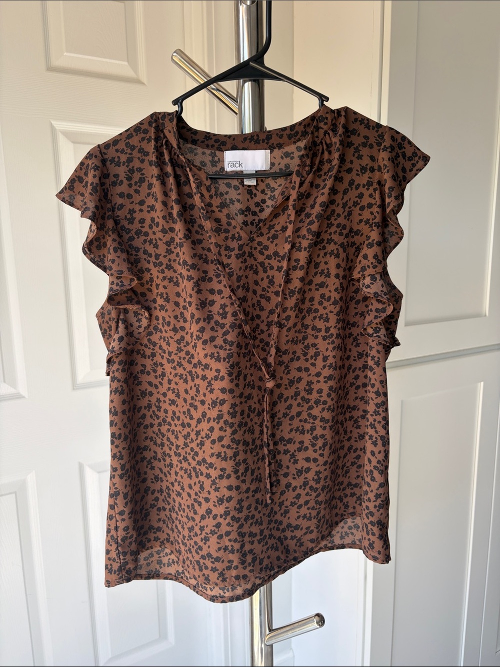 RACK Chocolate Brown Floral Ruffle V-Neck Blouse